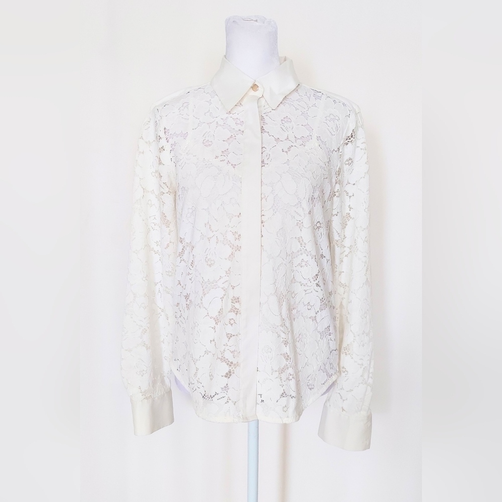 Ann Taylor Long Sleeve Lace Overlay Button Up Shirt Ivory Size XS Linen Shell
